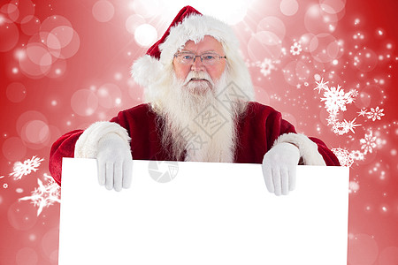 Santa 的复合图像显示有符号快乐服装雪花舞会海报辉光繁星时候红色星星图片