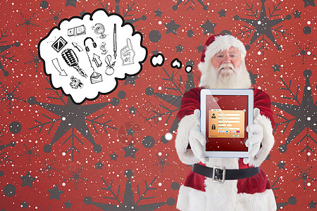 Santa 的复合图像显示一个平板电脑 pc帐户假期耳机绘图胡须微笑药片界面下雪信用卡图片