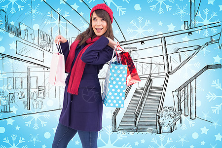 身着冬衣 装满购物袋的年轻女性综合形象手绘购物中心蓝色购物微笑采购服装休闲保暖衣物图片
