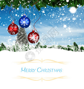 圣诞节字体圣诞节卡综合图象的复合合成图象喜庆蓝天下雪假期庆典风景玩具边界天气叶子背景