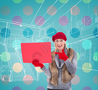 穿着红色标志的冬衣金发美女综合图象消费者海报手势绘图手套女性草图计算机休闲冬装图片