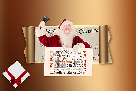 圣诞老人的复合形象 挂着一个标志 敲响他的钟声计算机男性英语丝带绘图假期微笑金子横幅胡须图片
