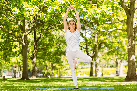 在公园里做瑜伽的平和金发美女头发阳光身体运动垫调子运动服浅色微笑女性平衡图片