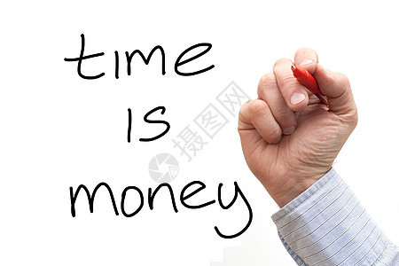 男性手写着“时间就是金钱”在白背景上图片