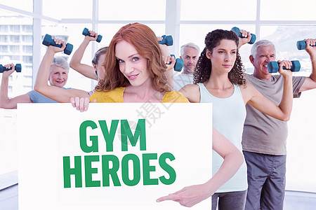 红发美女展示海报的复合图象健身室班级运动女性护理健身男性培训师讲师手势图片
