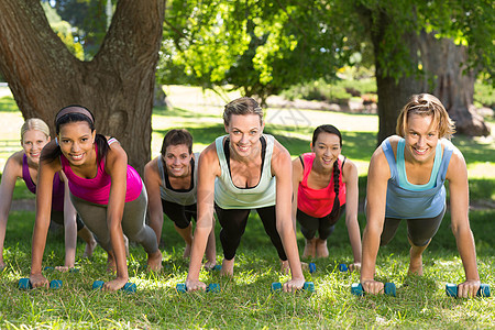 公园的健身小组规划铺板肌肉生活方式班级晴天调子力量微笑训练营运动服图片