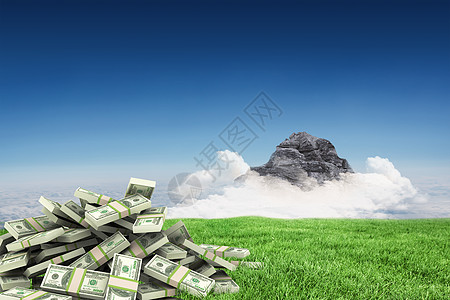 成堆美元的复合图象天空顶峰货币经济阳光金融银行业绿色财富图片