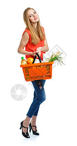 快乐的女士拿着一篮子 充满健康食物的篮子蔬菜市场维生素女孩女性顾客饮食消费者购物中心店铺图片