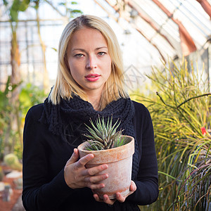 在温室工作的花女爱好农场工艺商业植物黏土女士花园园艺花店图片