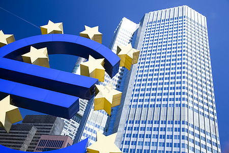 法兰克福欧洲央行欧元的欧元符号商业组织办公室天空窗户反射市中心蓝色城市景观图片