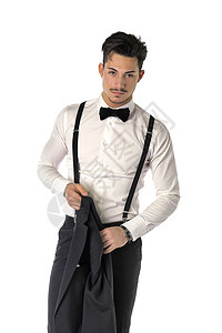 英俊优雅的青年男子 身着商服 吊带鞋 孤立无援工作室公司黑色领带商务套装管理人员白色成人男人图片