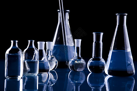 实验室设备 明亮的现代化学概念反射技术原子化学家考试玻璃仪器生物烧瓶蓝色图片
