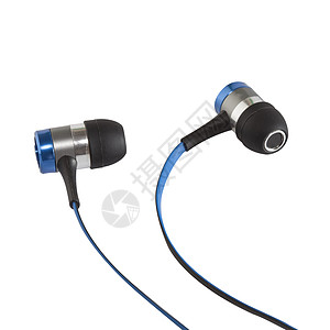 白色背景上的耳机金属配饰音乐插头技术电缆立体声工具电话扬声器背景图片