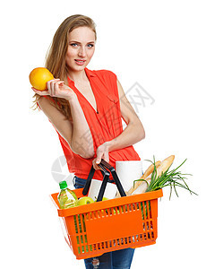 快乐的女士拿着一篮子 充满健康食物的篮子女性饮食顾客店铺水果市场维生素消费者营养蔬菜图片