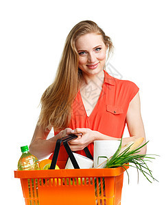 快乐的年轻女子拿着一篮子 白上满满是健康食物的食物蔬菜消费者市场女性购物中心维生素女士店铺水果顾客图片