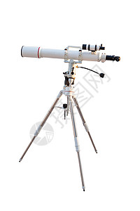 在白色背景上隔离的望远镜 用于搜索恒星宇宙三脚架星星天空镜片科学监视乐器行星光学图片