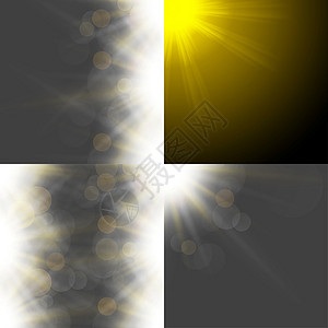 以四个模糊背景 半透明圆圈 光效应和太阳破灭的抽象背景设置横梁橙子耀斑环境生长插图天空阳光草地强光图片