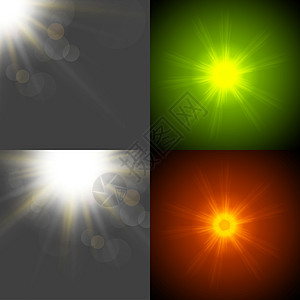 以四个模糊背景 半透明圆圈 光效应和太阳破灭的抽象背景设置生长射线生态环境强光横梁天空橙子阳光草地图片