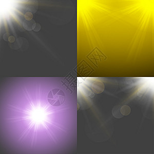 以四个模糊背景 半透明圆圈 光效应和太阳破灭的抽象背景设置草地太阳横梁射线耀斑阳光生态橙子镜片环境图片
