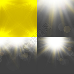 以四个模糊背景 半透明圆圈 光效应和太阳破灭的抽象背景设置太阳横梁生长环境草地生态耀斑射线阳光插图图片