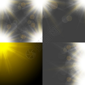以四个模糊背景 半透明圆圈 光效应和太阳破灭的抽象背景设置射线橙子镜片天空生长环境阳光插图生态太阳图片