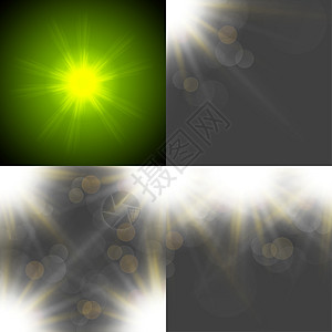 以四个模糊背景 半透明圆圈 光效应和太阳破灭的抽象背景设置太阳插图强光射线生长天空环境生态阳光镜片图片