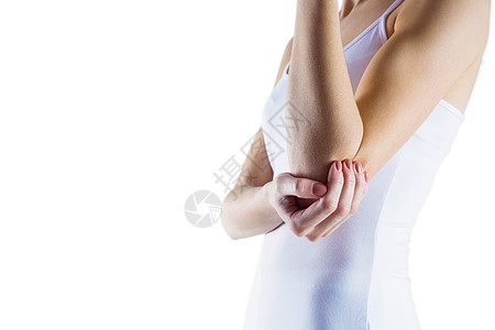 身体有肘部受伤的妇女竞技运动服女士疼痛护理按摩损伤弯头运动痛苦图片