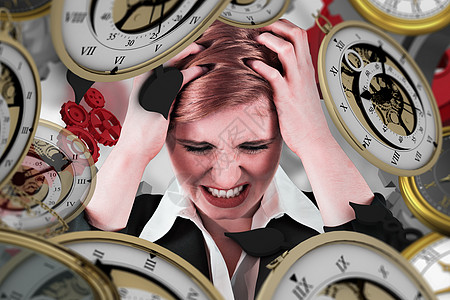 以双手顶着头的紧张女商务人士的复合形象绘图压力时间红色机器公司商业灰色白色计算机图片