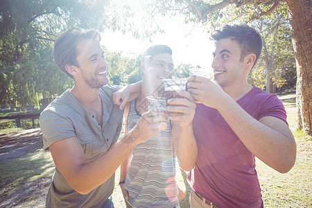 快乐的朋友们在公园有啤酒阳光友谊太阳潮人闲暇草地微笑绿地男人亲密感图片