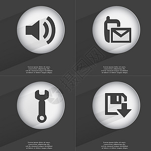 声音 短信 扳手 软盘下载图标符号 一组具有平面设计的按钮 向量图片