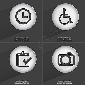 时钟 残疾人 任务完成 相机图标标志 一组具有平面设计的按钮 向量图片