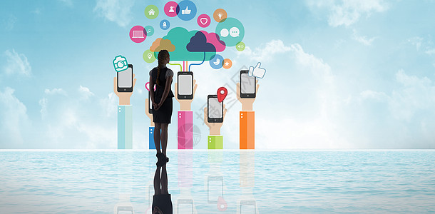 商业妇女地位综合形象的一幅图象商务波浪职业计算支撑技术海岸线手机海滩人士图片