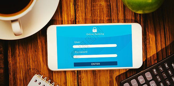 在线银行综合形象图用户桌子互联网银行业职场计算器业务手机办公室咖啡图片