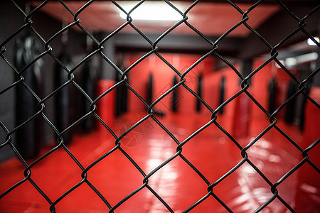 围栏后面的拳击区闲暇健身房栅栏健身力量净额健身室红色娱乐器材图片