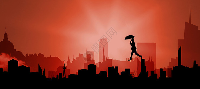 商务人士用伞子踏足的复合形象摩天大楼概念性景观男人黑色红色男性人士商业城市图片