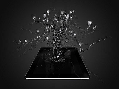 电子商务在现代黑色平板电脑上以树形设置的社交媒体图标药片相机消息电话电子邮件笔记本互联网讲话技术手机背景