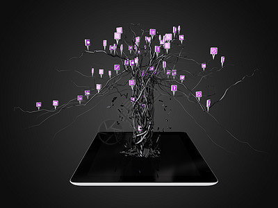 电子商务在现代黑色平板电脑上以树形设置的社交媒体图标通讯互联网世界药片手机插图商业笔记本团体触摸屏背景
