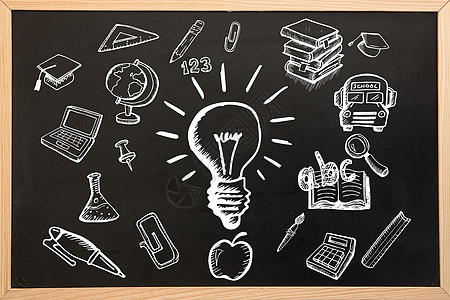 教育面条的复合形象涂鸦电脑粉笔能力灯泡创新学习画笔学校放大镜图片