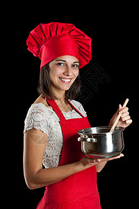 厨房里的家庭主妇奉献围裙微笑饮食快乐营养女性盘子幸福女士图片