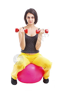 参加健身锻炼的妇女生活方式身材损失工作室女性微笑护理保健哑铃白色图片