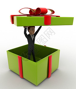 3个大绿色礼品箱概念中的男子外套管理人员盒子礼物卡通片棕色领带图片