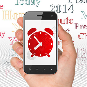 时间线概念 手持有闹钟的智能手机显示时钟日程标签细胞红色展示手指时间正方形电话手表图片