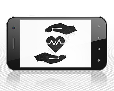 保险概念 显示心脏和棕榈的智能手机展示事故触摸屏金融脉冲心电图安全合同电话屏幕图片