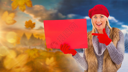 穿着红色标志的冬衣金发美女综合图象衣服保暖海报女性消费者衣物手套服装快乐手指图片