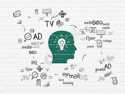 广告概念头与背景墙上的灯泡战略绘画风暴箭头金融品牌市场思考领导者图表图片