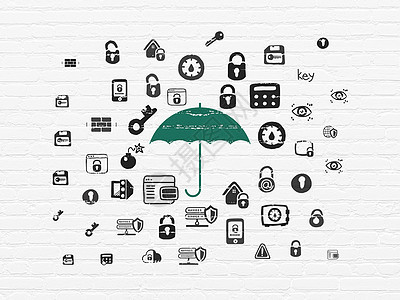 背景墙上的安全概念伞雨伞裂缝政策保卫绘画数据灰色白色攻击绿色背景图片