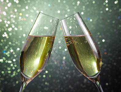 一对香槟长笛 配有绿光布基背景的金泡图片