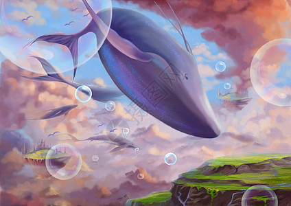 说明 拥有飞翔陆地和鲸鱼的神奇奇幻之地 有奇妙的卡通风格壁纸背景场景设计与故事图片