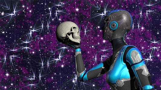 深太空的远期女性Android 握着人头骨颅骨机器人金属生物力学想像力科学技术虚拟现实科幻图片