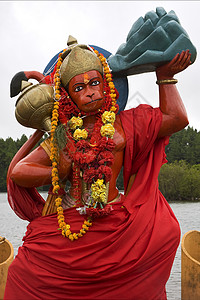 一只印度教猴子的大木雕像木头裙子历史祷告卷曲纪念碑金子花瓶弯曲寺庙图片